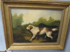 A LATE 19TH / EARLY 20TH CENTURY BRITISH SCHOOL STUDY OF TWO GAME DOGS, crossing a wooded stream,