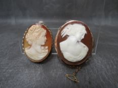 TWO 9CT GOLD MOUNTED CAMEO BROOCHES, one hallmarked 375 and one marked 9 ct, approximate combined