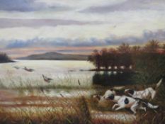 E.S.K. Stormy lake scene, with three hounds putting up a flock of ducks, signed with initials