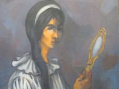 A 20TH CENTURY MODERNIST SCHOOL STUDY OF A WOMAN HOLDING A HAND MIRROR, indistinctly signed upper