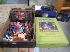 A tray of vintage action figures ponies, Burago diecast Ferrari, Franklin Mint vehicles, box of