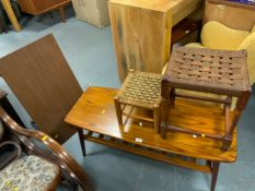 A retro style oak coffee table together with a mid-century coffee table and two oak wicker seat