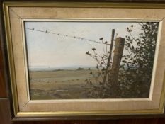An oil on board depicting a view through a barbed wire fence 21.5 x 34 cm