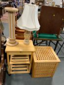 A modern kitchen trolley, linen box and lamp with a stand. (4)