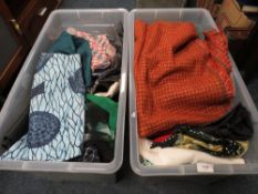 Two boxes of assorted vintage fabrics etc.