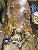 A tray of assorted silver plated ware to include a Wedgwood blue dip cracker barrel