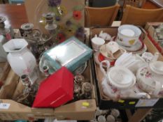Two trays of ceramics and silver plated ware etc