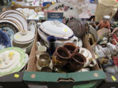 Three trays of assorted ceramics and collectables to include capodimonte style figures etc