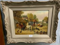 A framed oil on canvas painting depicting a farmyard scene with animals 27 x 37 cm