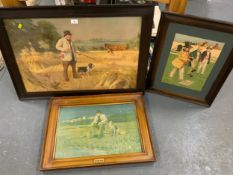 A vintage oak framed Frank Wiles country print together with a butlers ales similar and a Lawson