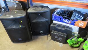 A selection of karaoke equipment to include two boxed systems, two stage line PA speakers,