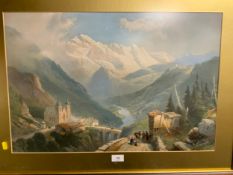A framed and glazed Alpine scene print