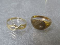 A hallmarked 9ct gold signet ring set with a single diamond, together with a hallmarked 9ct gold