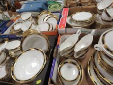 Four trays of Aynsley Empress cobalt gilded dinner ware to include tureens many plates, bowls,