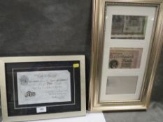 Two framed displays of bank notes