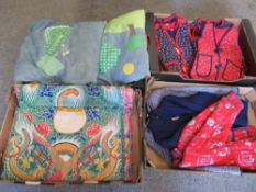 A box of Chinese Funeral paper jackets, together with a selection of cushions and quilted jackets