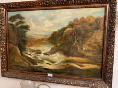 A framed oil on canvas depicting a river scene together with an oil on canvas still life and an