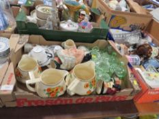 Three trays of china and glass to include uranium glass, Doulton etc