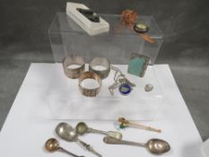 A small tray of silver and collectables to include a hallmarked silver napkin ring etc