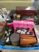 A tray of assorted collectables to include treen, carriage clocks etc together with a tray of