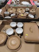 Two trays of assorted Denby tea and cook ware