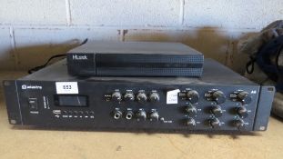 An Adastra stereo PA amplifier with leads together with a Hulook network video relay