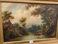 H Bateman ? – a gilt framed oil on canvas depicting cattle watering 39 x 60 cm