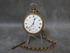 An Omega 9ct gold open face pocket watch, white enamel dial with black Roman numeral markers and sub