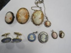 A quantity of yellow metal and silver mounted cameo and Wedgwood jewellery, including pendants,