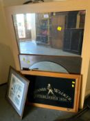 Two modern mirrors, a Johnnie Walker advertising picture and a Scotland Malt whisky print. (4)