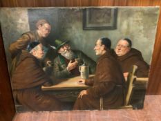 A late 19th / early 20th oil on canvas study of monks and a bearded gentlemen at a table
