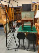 A mixed lot to include a card table, clothes rail, two black stools, fire screen and a small