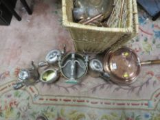 A basket of metalware including, silver plate, brass and copper