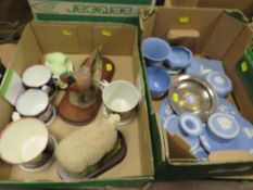 A box of Wedgwood jasperware and a box of ceramics including Gaudy Welsh and Border Fine Arts