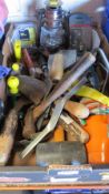 A tray of hand tools, electric drill and paraffin lamp