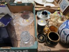 A tray of assorted crystal and glass ware together with a tray of ceramics (2)
