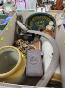 A Victorian cast iron coffee grinder together with cow chains, stoneware etc