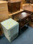A vintage meat safe with an oak hinged lid box and a trolley. (3)