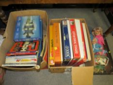 Three boxes of vintage annuals, puzzles, dolls etc