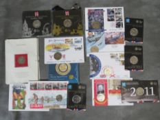 Six countdown to London 2012 five pounds coins in Royal Mint packs, together with Last Round 1 pound