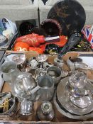 A tray of assorted silver plated ware together with a tray of Oriental sundries