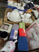 Two trays of assorted modern boxed ceramics together with a tray of tea ware