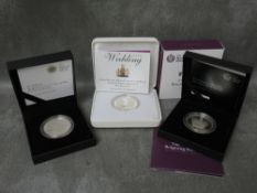 Royal mint silver proof crowns, 2008, 2011, and 2015, all in cases of issue with COA's (3)