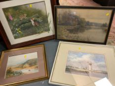 Seven assorted pictures and prints to include watercolors, country, print, etc.