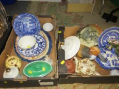 Two trays of assorted ceramics to include an Aynsley Orchard Gold twin handled sugar bowl with red