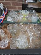 Two trays of assorted glassware to include etched game brandy glasses etc.