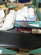 A tray of assorted ceramics and metal ware to include a Royal Doulton Pastorale part tea set and