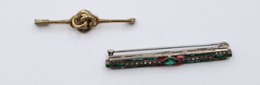 2x div. Silber-Broschen, älter, 1x Farbsteinbesatz (1 Stein fehlt), zus. 11,9gr., ca. L-5-6cm