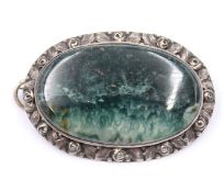 Jugendstil-Brosche, Silber mit Moosachat, ca. 4,5 x 3cm