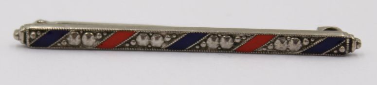 Schmale Brosche mit Emaille, rot und blau, Silber getestet, L. 4,5 cm, 1,9 Gramm